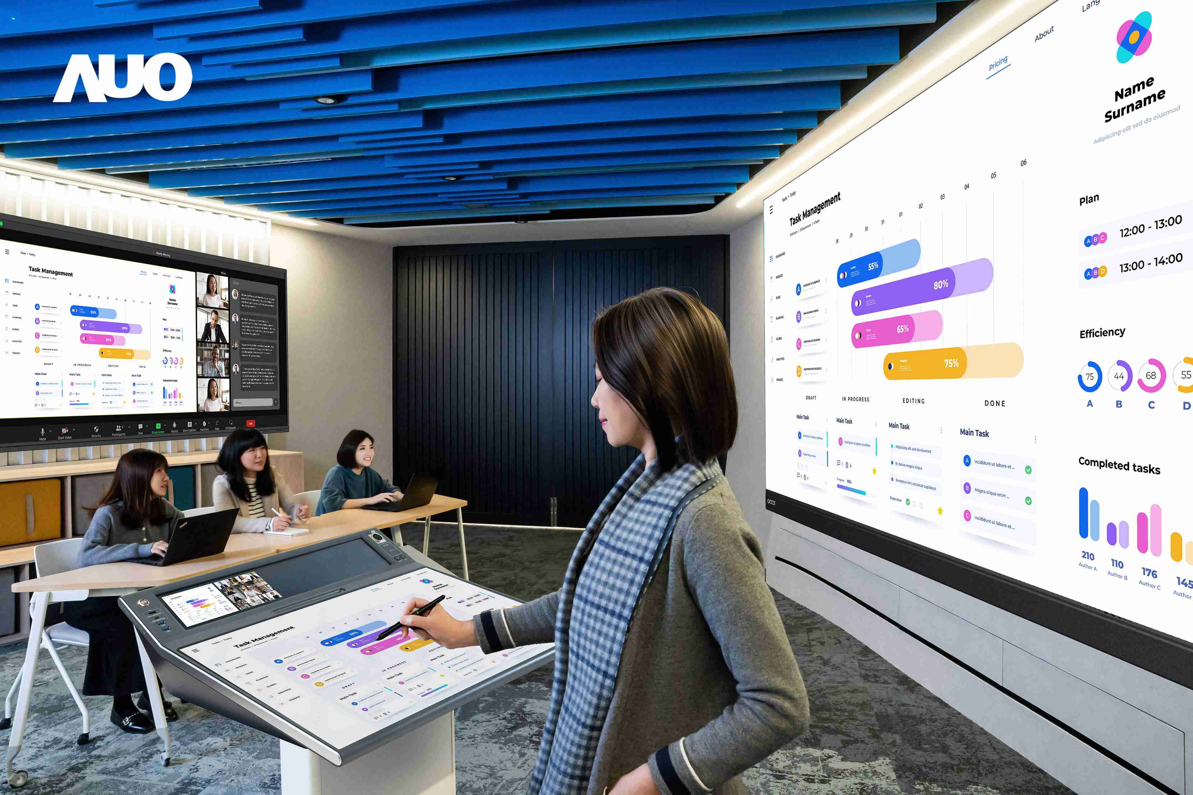 达擎携手Avocor与Rise Vision展示全方位商务领域应用，，，，包含采用模块化设计的138吋一体式All-in-One LED显示器及具21:9超宽比例的92吋交互式电子白板（IFPD），，讲者可轻松分享内容，，，有效提升会议协作效率。。